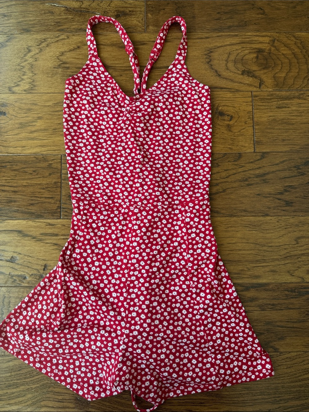 Hollister Red Floral Romper with White Daisy Print